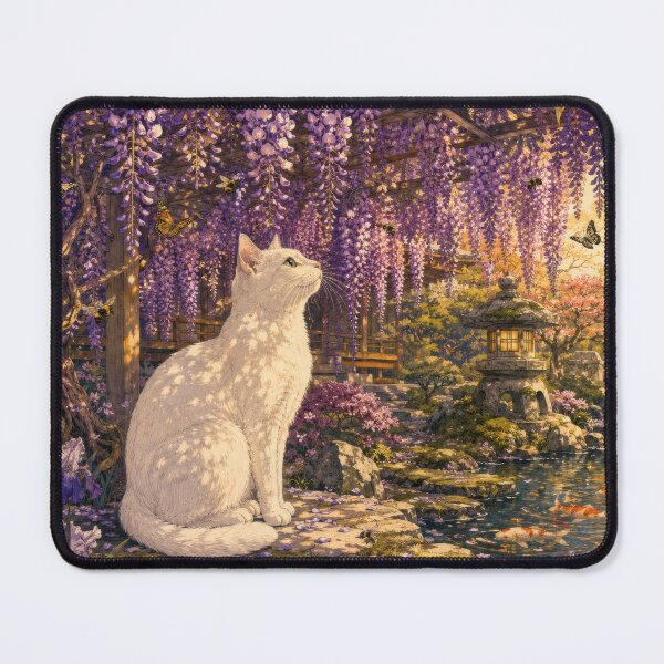 Item preview, White Cat with Wisteria - Vintage Japanese Garden Art designed and sold by WabiSabiArts.