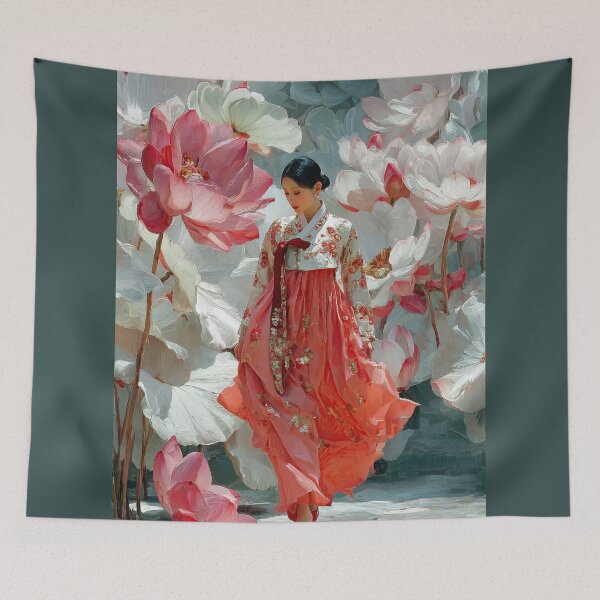 Item preview, Elegant Woman in Hanbok with Blooming Lotuses designed and sold by colorful-white.