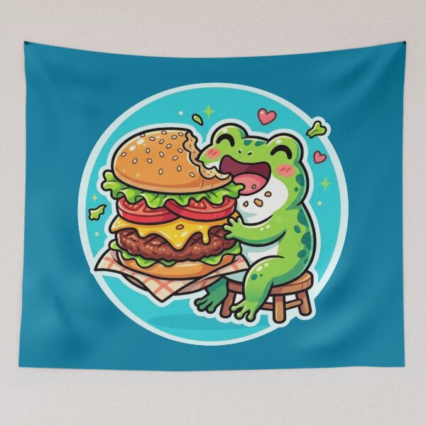 Item preview, Burger Frog – Cute Happy Frog Eating Giant Burger Cartoon Art designed and sold by ArtsyExplorer.