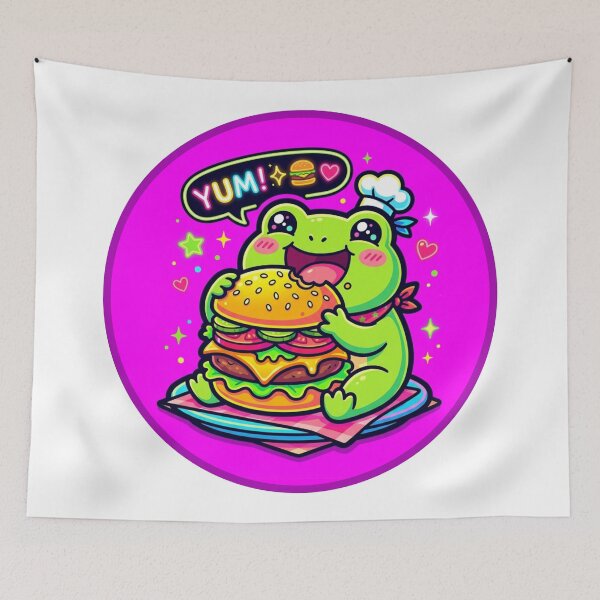 Item preview,  Burger Frog – Cute Happy Neon Frog Eating Giant Burger Cartoon Art  designed and sold by ArtsyExplorer.