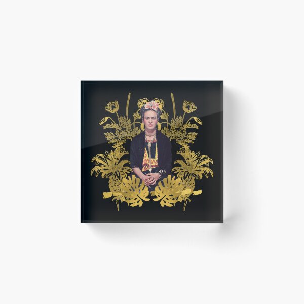 Item preview, Frida Kahlo portrait color, golden flowers, black background  designed and sold by Dejan Zerdo.