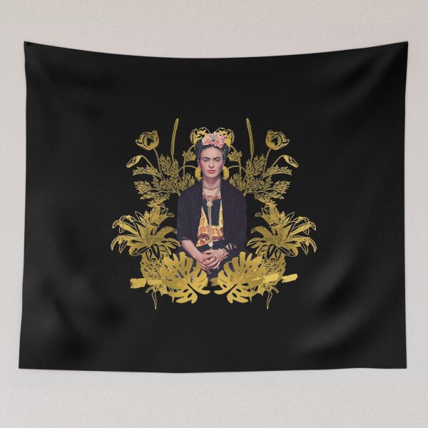 Item preview, Frida Kahlo portrait color, golden flowers, black background  designed and sold by Dejan Zerdo.