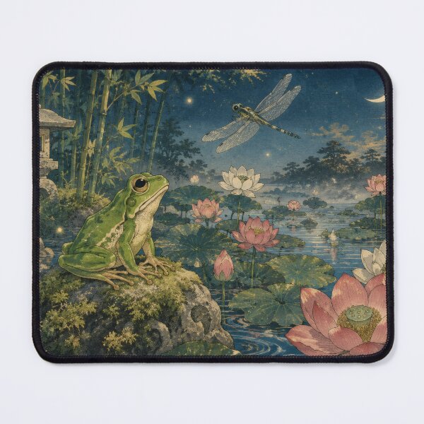 Item preview, Frog with Lotus Pond at Night - Vintage Japanese Art designed and sold by WabiSabiArts.