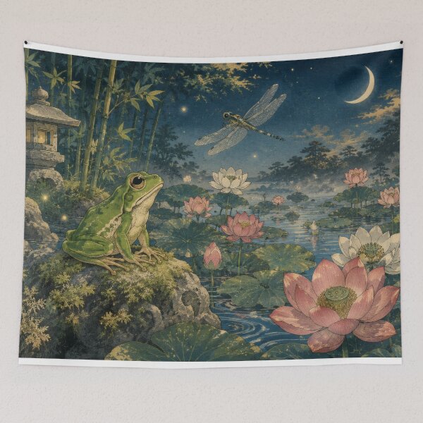 Item preview, Frog with Lotus Pond at Night - Vintage Japanese Art designed and sold by WabiSabiArts.