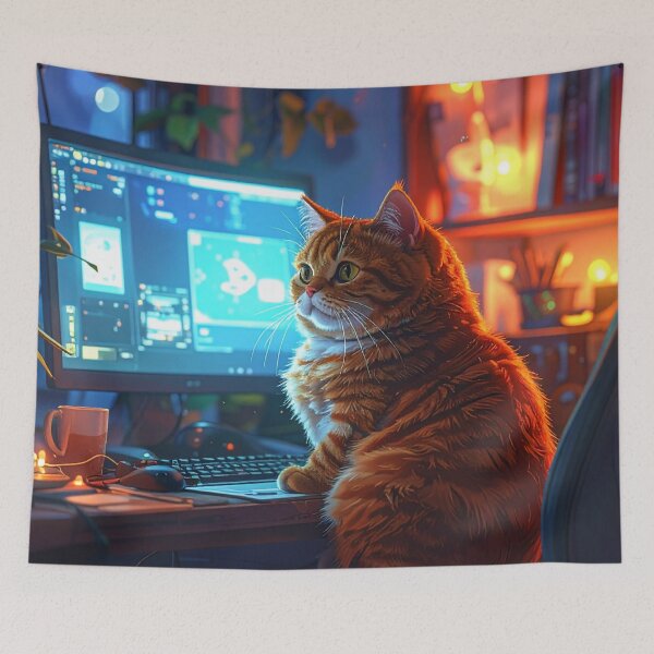 Item preview, Cozy Lofi Gamer Cat Setup Illustration designed and sold by Kavin786.