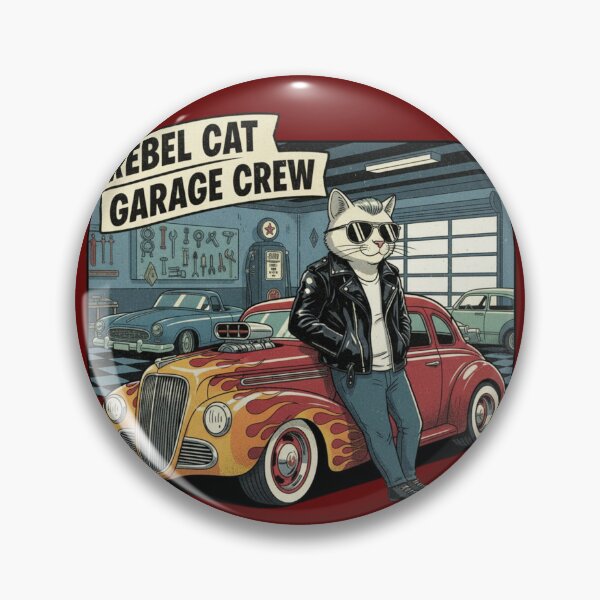 Item preview, Rebel Cat Garage Crew - White Cat Mechanic Retro Hot Rod Flames Vintage Car Art designed and sold by ObsidianUruk.