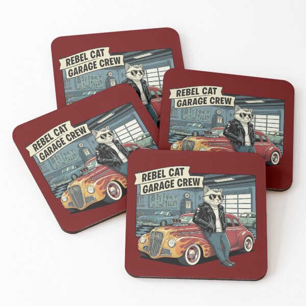 Item preview, Rebel Cat Garage Crew - White Cat Mechanic Retro Hot Rod Flames Vintage Car Art designed and sold by ObsidianUruk.