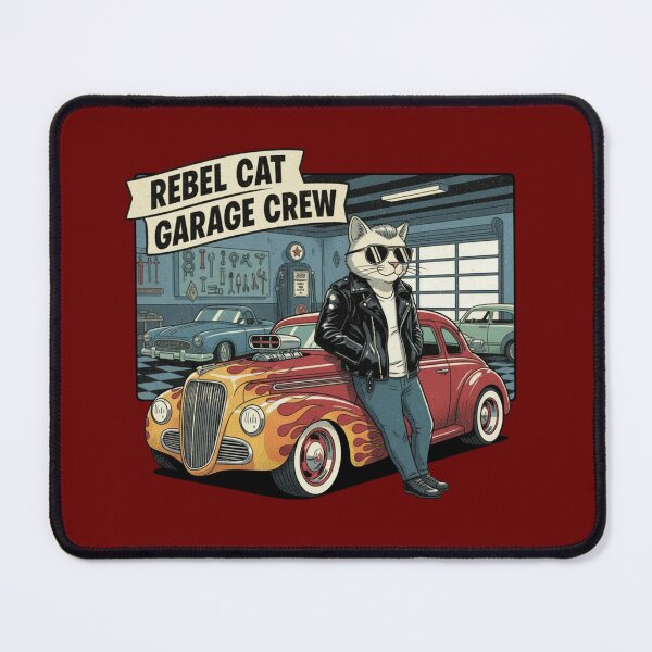 Item preview, Rebel Cat Garage Crew - White Cat Mechanic Retro Hot Rod Flames Vintage Car Art designed and sold by ObsidianUruk.
