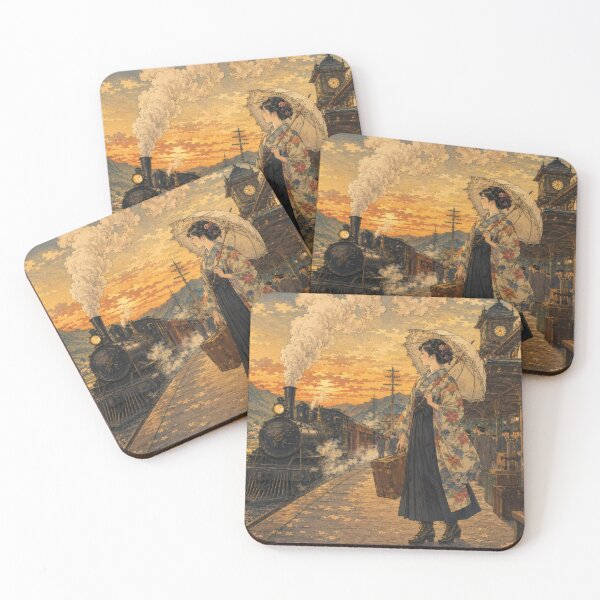 Item preview, Taisho Train Station at Sunset - Vintage Japanese Art designed and sold by WabiSabiArts.
