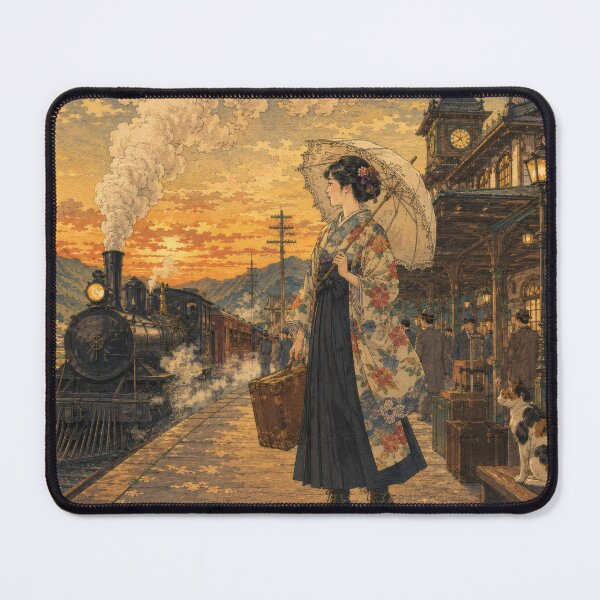 Item preview, Taisho Train Station at Sunset - Vintage Japanese Art designed and sold by WabiSabiArts.