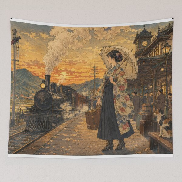 Item preview, Taisho Train Station at Sunset - Vintage Japanese Art designed and sold by WabiSabiArts.