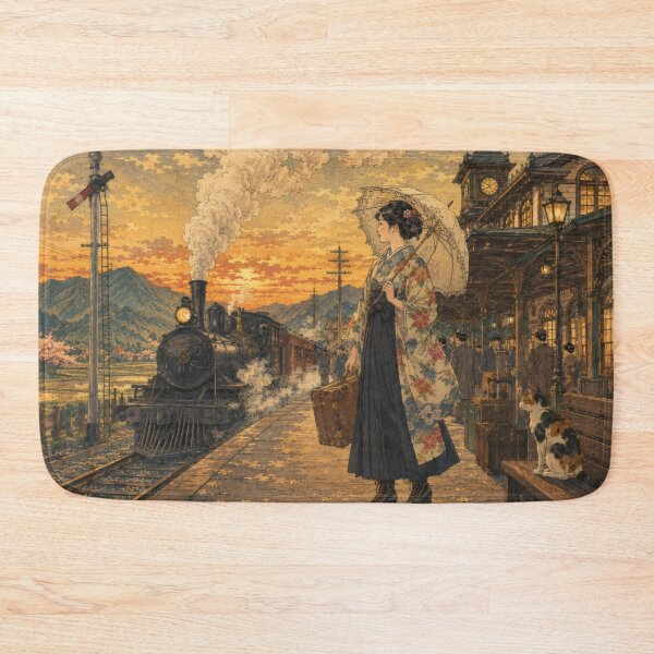 Item preview, Taisho Train Station at Sunset - Vintage Japanese Art designed and sold by WabiSabiArts.