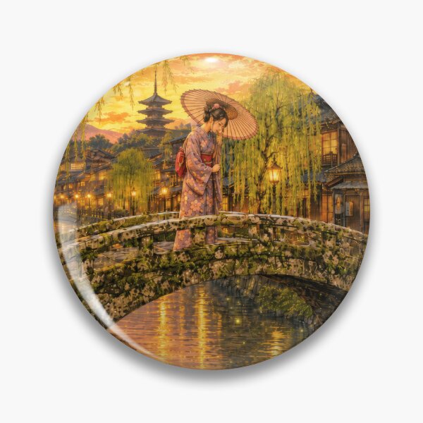 Item preview, Taisho Woman on Stone Bridge at Twilight - Vintage Japanese Art designed and sold by WabiSabiArts.