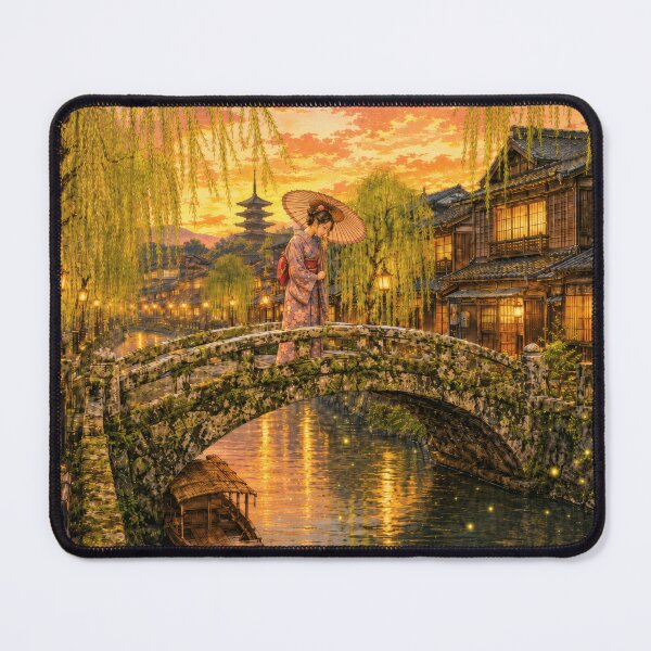 Item preview, Taisho Woman on Stone Bridge at Twilight - Vintage Japanese Art designed and sold by WabiSabiArts.