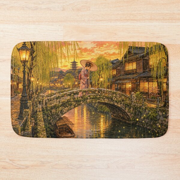 Item preview, Taisho Woman on Stone Bridge at Twilight - Vintage Japanese Art designed and sold by WabiSabiArts.