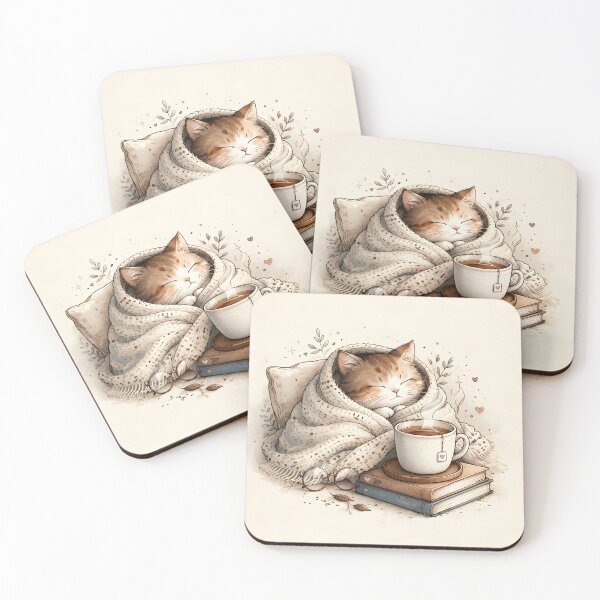 Item preview, A sleepy cat wrapped in a blanket with tea and books designed and sold by johndesignwaves.
