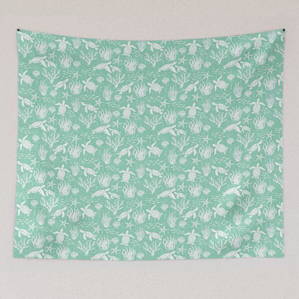 Item preview, Coastal Ocean Life with Cute Sea Turtles and Fish in Deep Seafoam Green  designed and sold by EliveraDesigns.