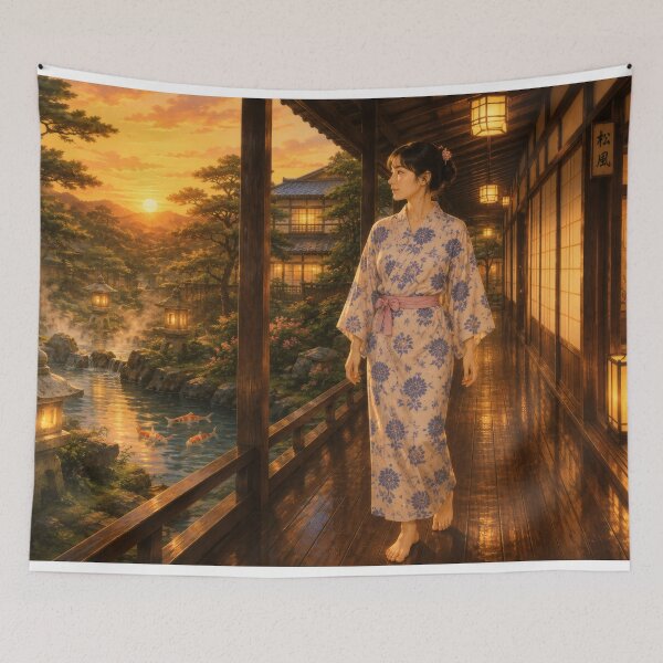 Item preview, Taisho Japanese Ryokan Garden Evening Ukiyo-e Art designed and sold by WabiSabiArts.