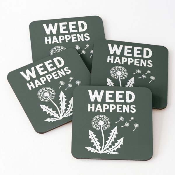 Item preview, Weed happens! Cute funny cynical stoic dandelions vintage retro eroded woodblock style design green designed and sold by bard-art.