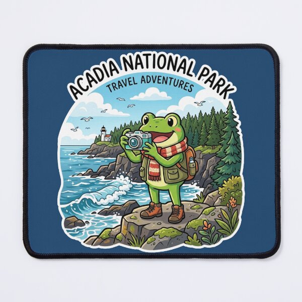 Item preview, Happy Frog Tourist in Acadia National Park – Cute Travel Cartoon Art designed and sold by ArtsyExplorer.