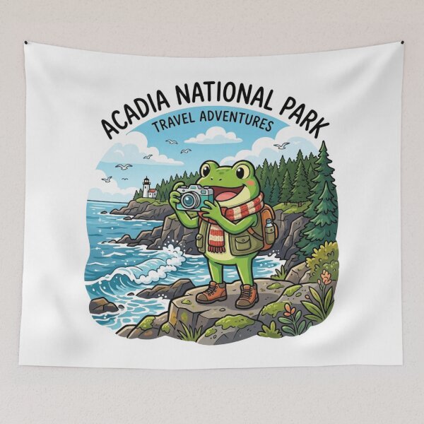 Item preview, Happy Frog Tourist in Acadia National Park – Cute Travel Cartoon Art   designed and sold by ArtsyExplorer.