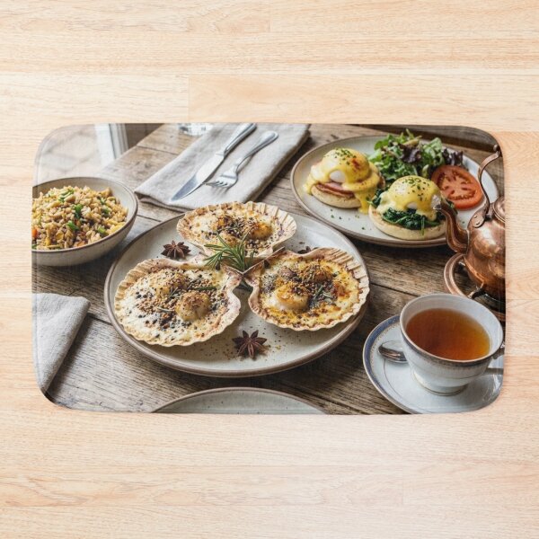 Item preview, Food Setting: Coquilles Saint Jacques with Eggs, Rice and Tea designed and sold by Uniqueartai.