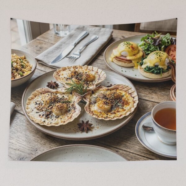 Item preview, Food Setting: Coquilles Saint Jacques with Eggs, Rice and Tea designed and sold by Uniqueartai.