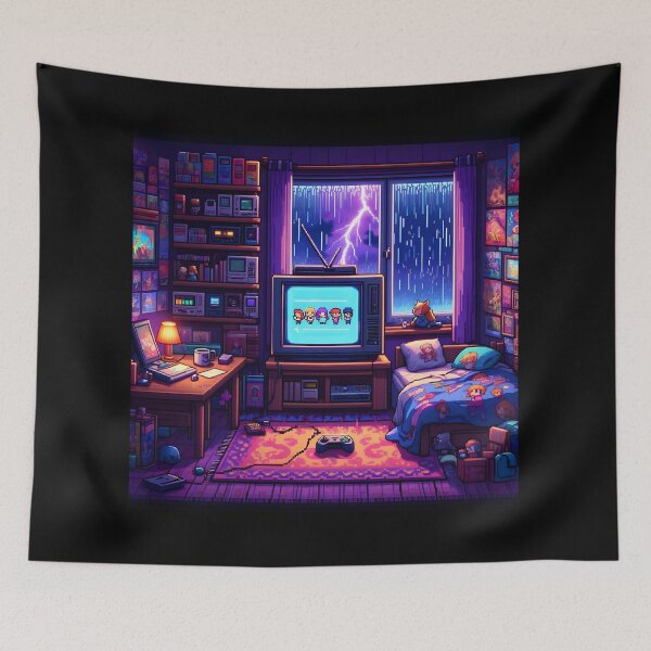 Item preview, Stormy Night Pixel Gamer Room – Cosy Retro 16-Bit Vibes designed and sold by ThePixelArchive.