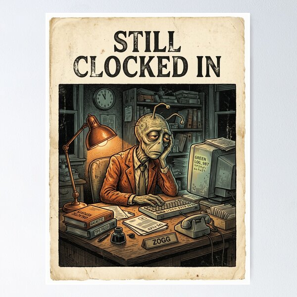 Item preview, Still Clocked In Alien Office Vintage T-Shirt designed and sold by MaynyStudio.