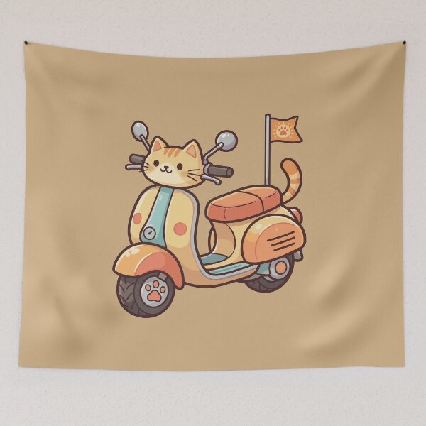 Item preview, cute kawaii ginger cat riding a vintage vespa designed and sold by Mochii-studio.