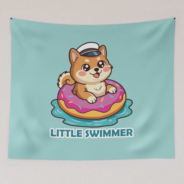 Item preview, happy shiba inu dog swimming in a pink donut float designed and sold by Mochii-studio.