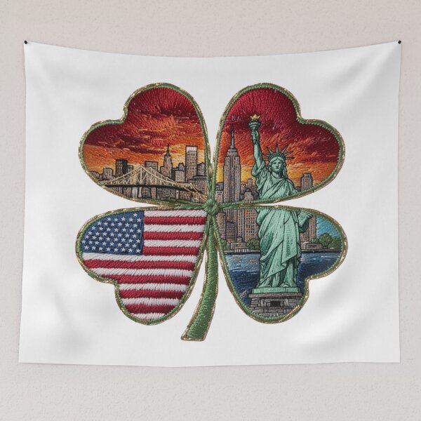 Item preview, Cloverleaf of the USA skyline with Statue of Liberty flag Brooklyn Bridge designed and sold by Kimenta.