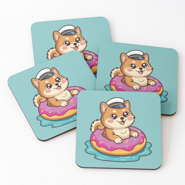 Item preview, happy shiba inu dog swimming in a pink donut float designed and sold by Mochii-studio.