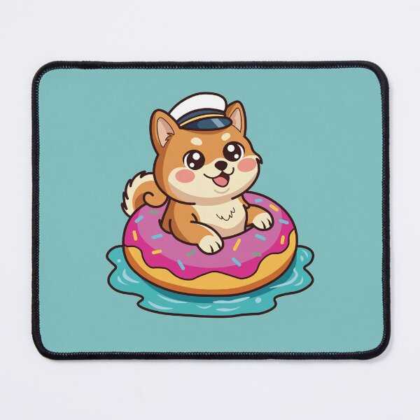 Item preview, happy shiba inu dog swimming in a pink donut float designed and sold by Mochii-studio.