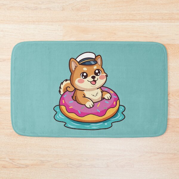 Item preview, happy shiba inu dog swimming in a pink donut float designed and sold by Mochii-studio.