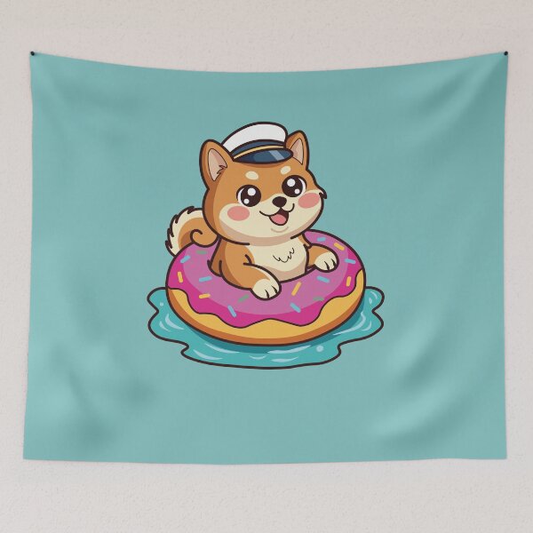 Item preview, happy shiba inu dog swimming in a pink donut float designed and sold by Mochii-studio.