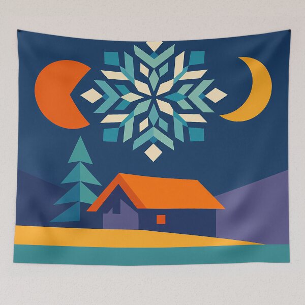 Item preview, Geometric Snowflake Over Winter Cabin designed and sold by InkSmithery.