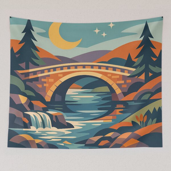 Item preview, Moonlit Bridge Over a Geometric Forest River designed and sold by InkSmithery.
