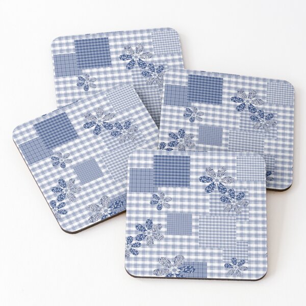 Item preview, Blue with white checkered patchwork rustic pattern  floral designed and sold by fuzzyfox.