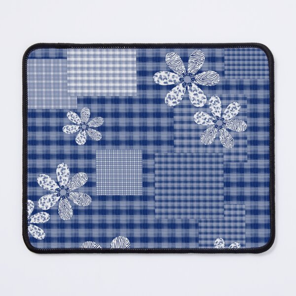Item preview, Blue with white checkered patchwork rustic pattern  floral designed and sold by fuzzyfox.