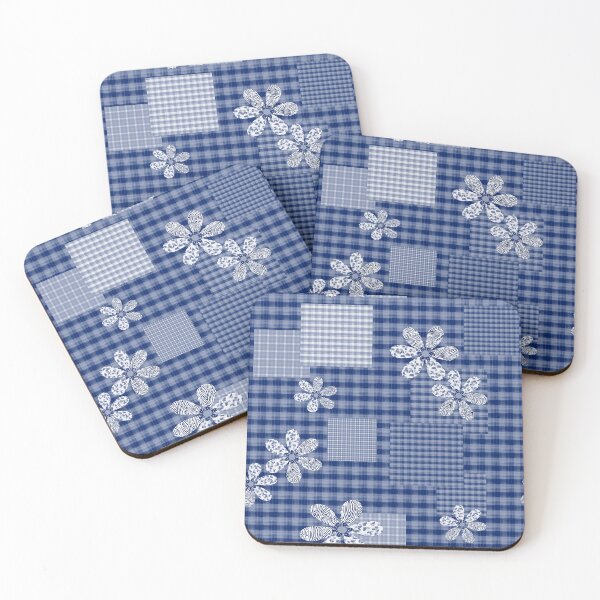 Item preview, Blue with white checkered patchwork rustic pattern  floral designed and sold by fuzzyfox.