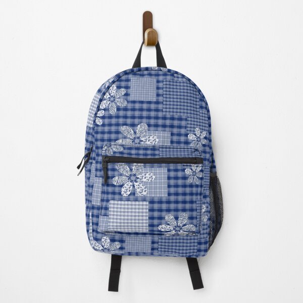 Item preview, Blue with white checkered patchwork rustic pattern  floral designed and sold by fuzzyfox.