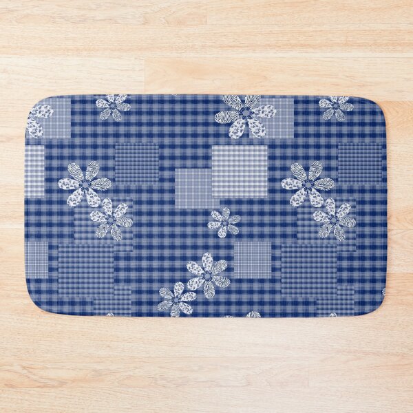 Item preview, Blue with white checkered patchwork rustic pattern  floral designed and sold by fuzzyfox.