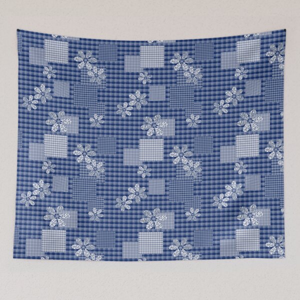 Item preview, Blue with white checkered patchwork rustic pattern  floral designed and sold by fuzzyfox.