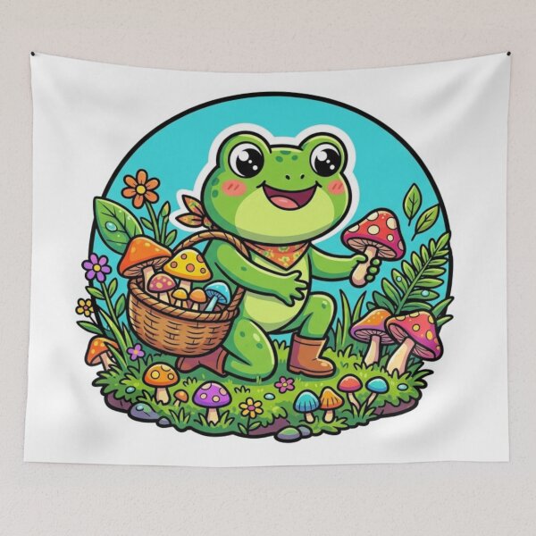 Item preview, Mushroom Gathering Frog – Cozy Forest Cartoon Adventure Art designed and sold by ArtsyExplorer.
