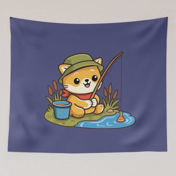 Item preview, kawaii shiba inu dog fishing by the lake with hat designed and sold by Mochii-studio.