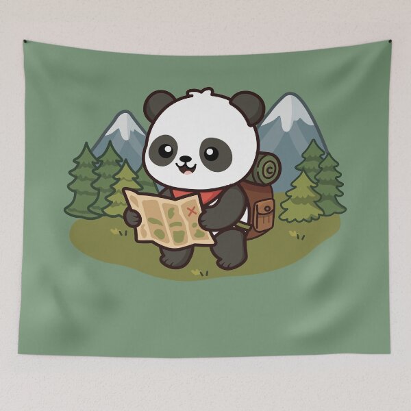 Item preview, cute panda bear hiking with map and backpack in the forest designed and sold by Mochii-studio.