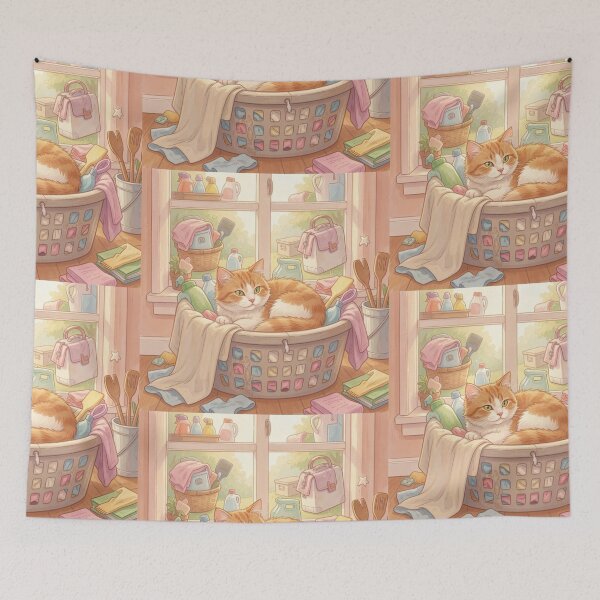 Item preview, Cute Cat in Laundry Basket Cozy Pastel Aesthetic Art designed and sold by SoftAuraStudi0.