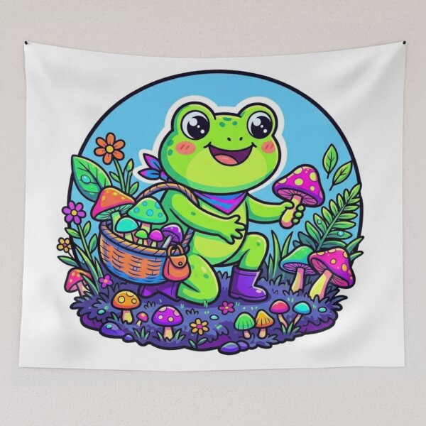 Item preview, Mushroom Gathering Frog – Cozy Forest Cartoon Adventure Neon Art  designed and sold by ArtsyExplorer.