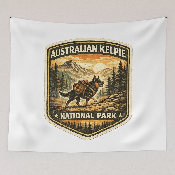 Item preview, Australian Kelpie National Park Vintage Hiking Dog Retro Adventure Badge designed and sold by Globalcitytees.